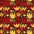 Ethnic floral print with rich red, gold abstract flowers on a dark black background. Flowery folk print.